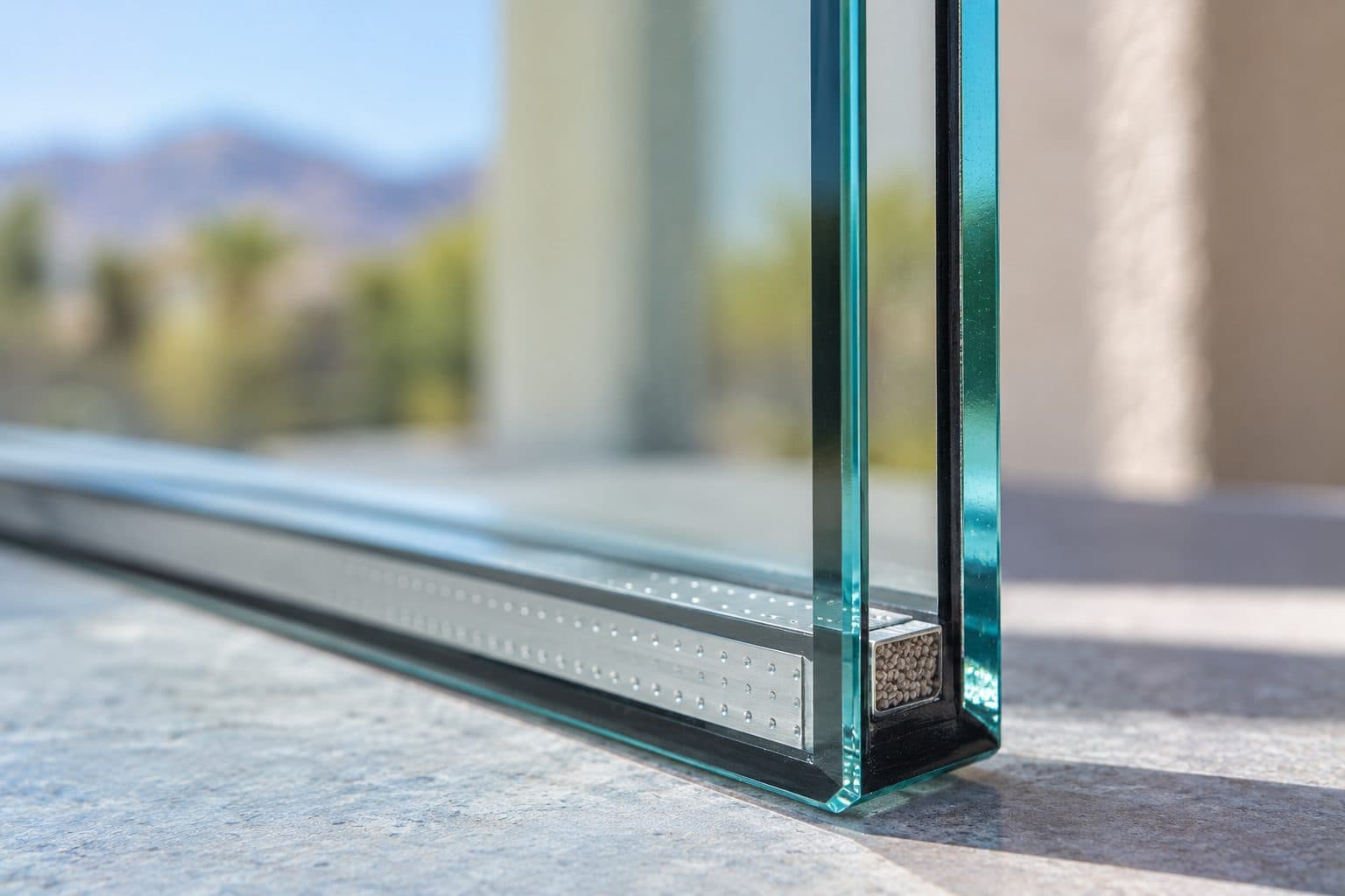 Edge of a double-pane glass unit with a low-e coating