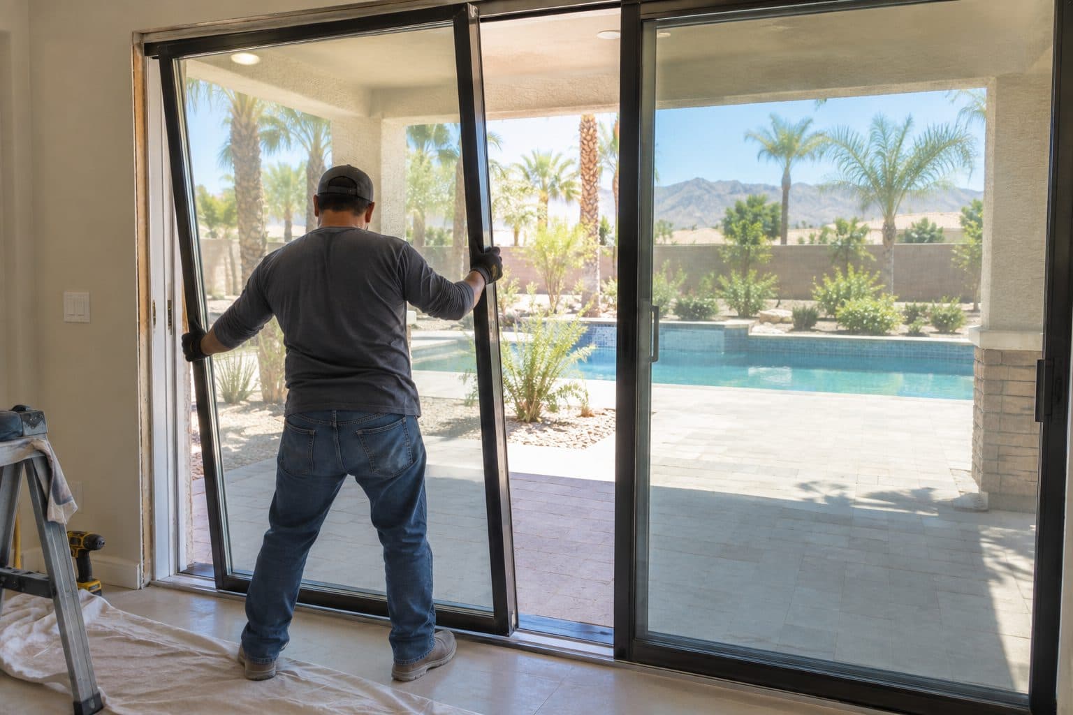 Patio door panel set onto its track