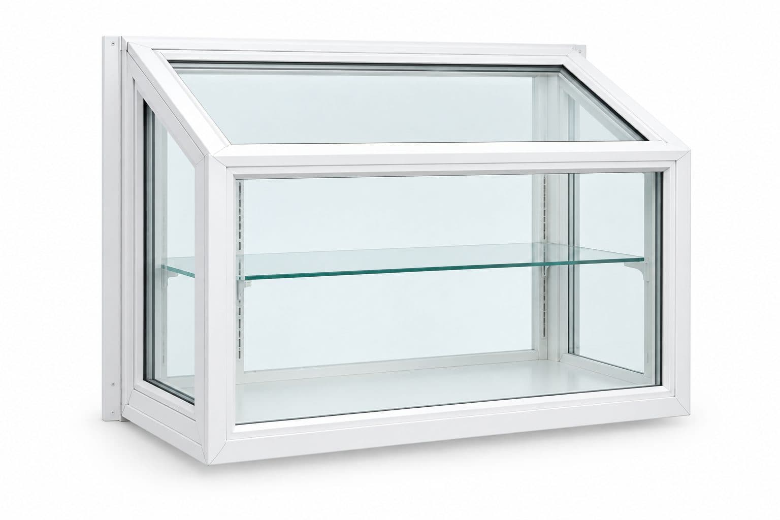 Garden window unit with a glass shelf