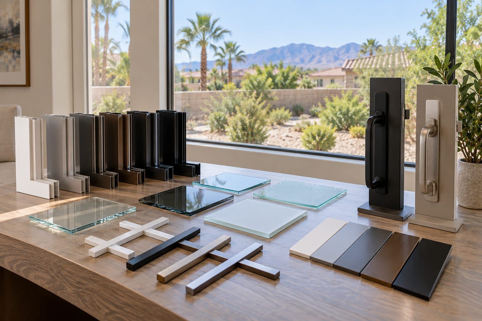 Frame chips, glass squares and door handles on a table, for design center in Las Vegas