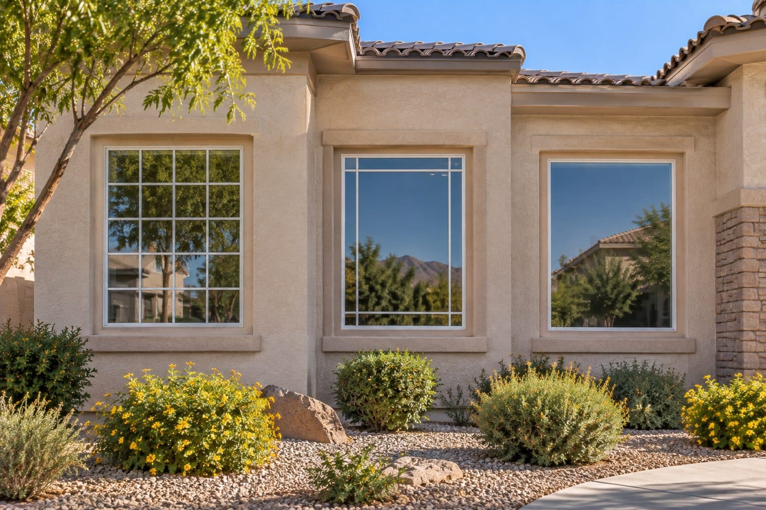 Three windows with colonial, prairie and no grid patterns