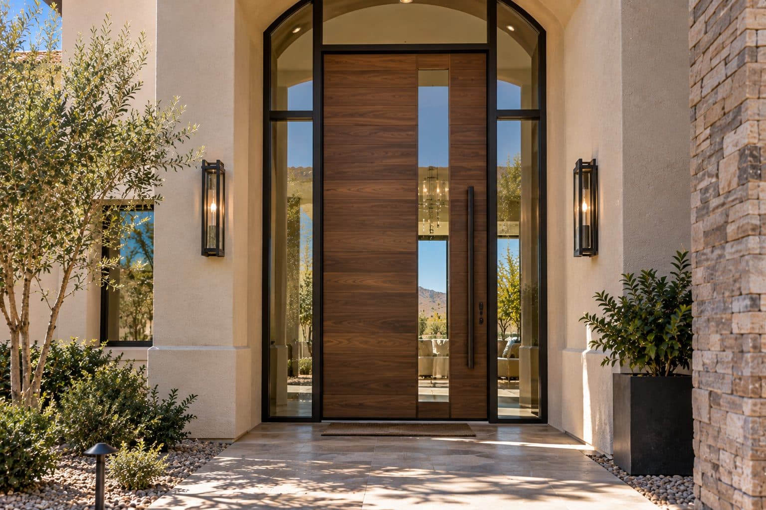 Custom wood plank front door with vertical glass strip