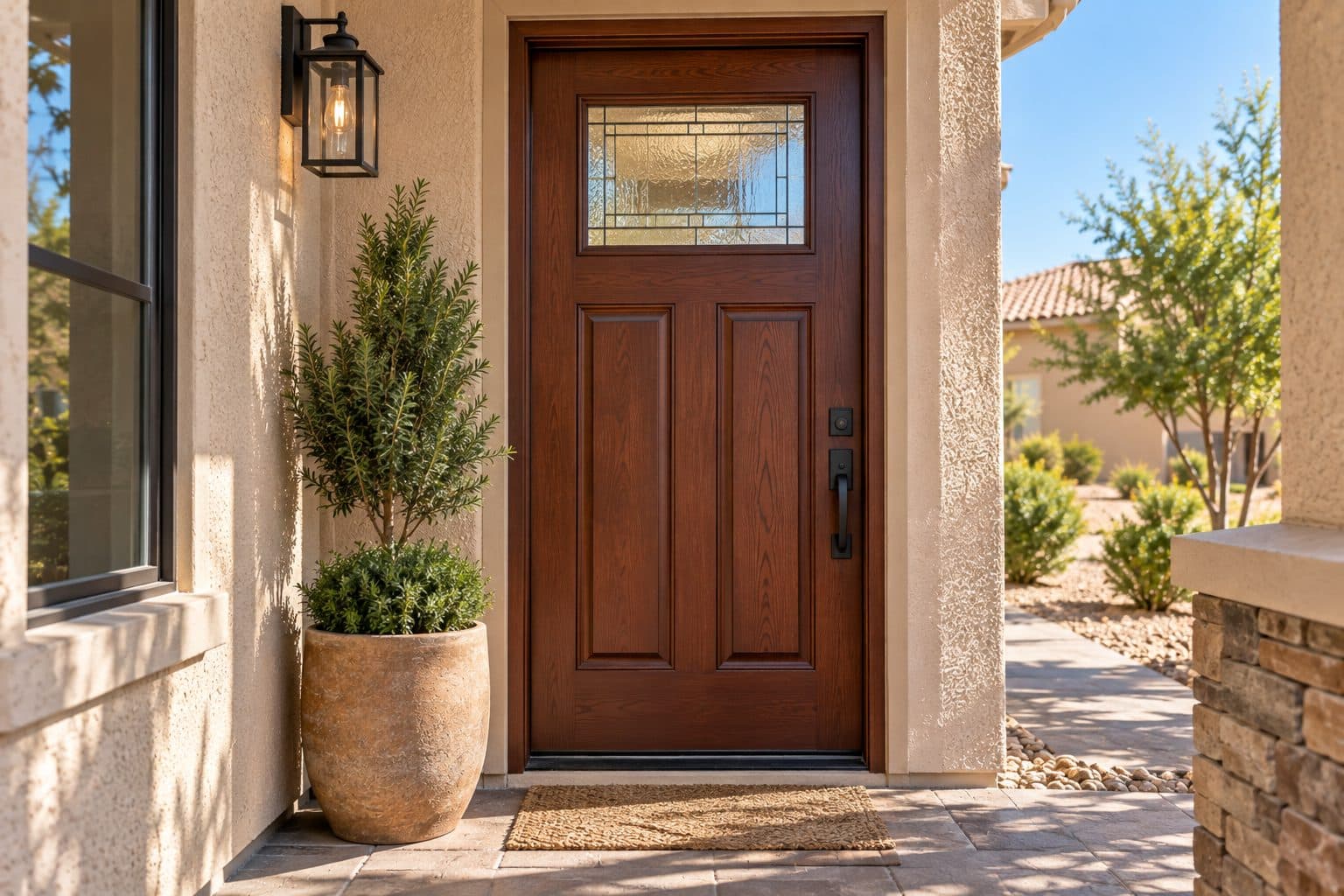 Wood-grain fiberglass front door in a sunny stucco entry