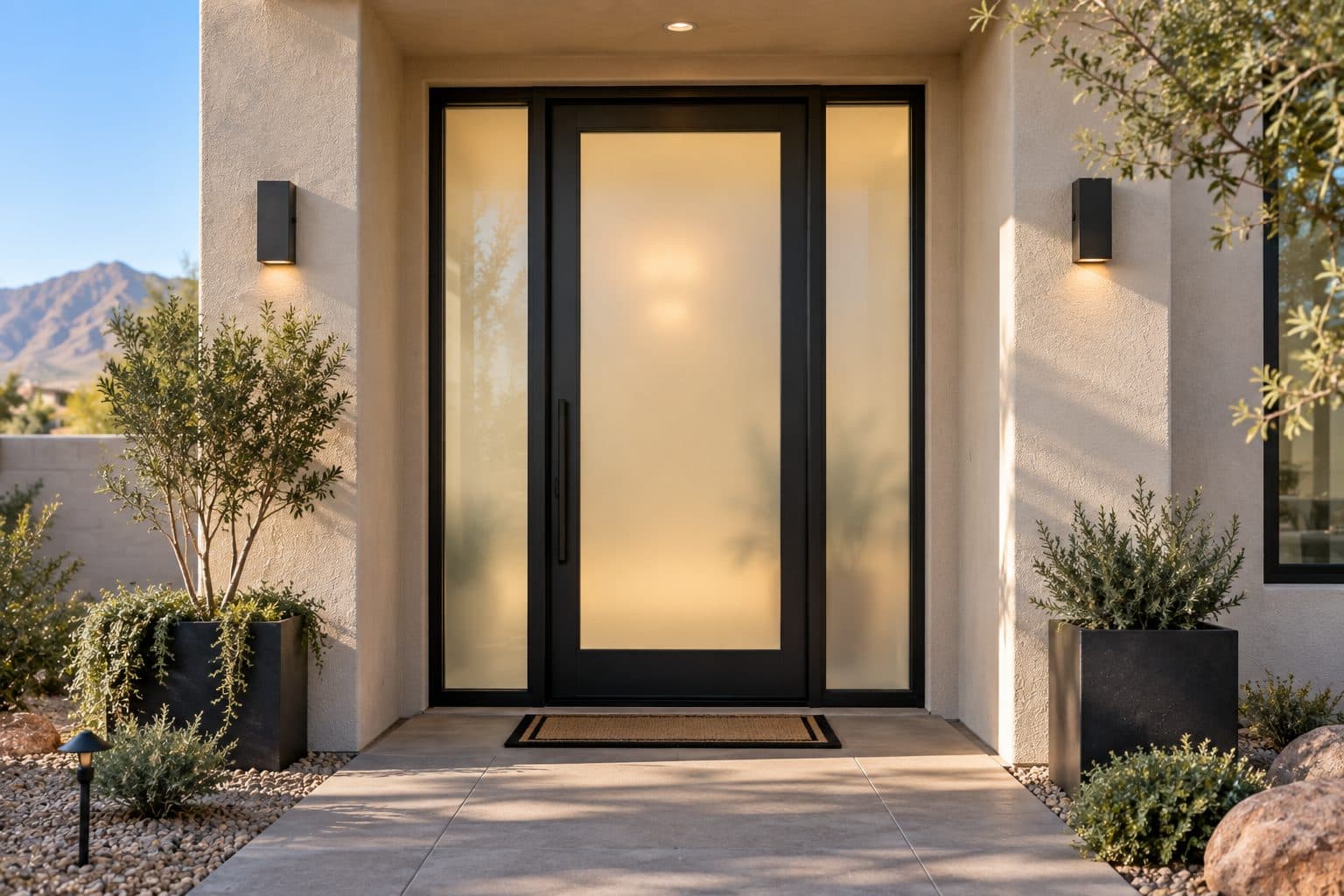 Full-glass frosted front door with matching sidelites