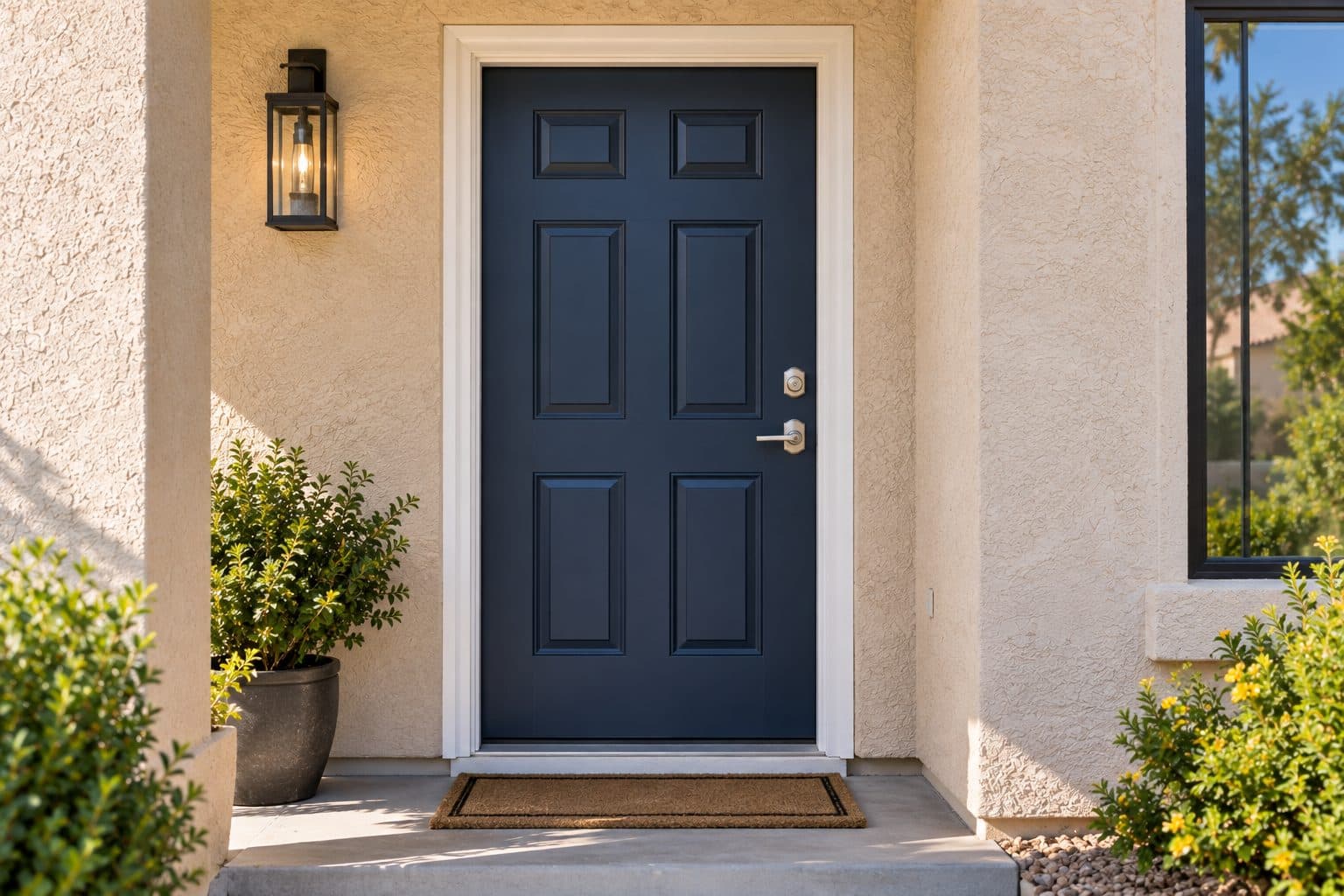 Navy six-panel steel front door with nickel hardware