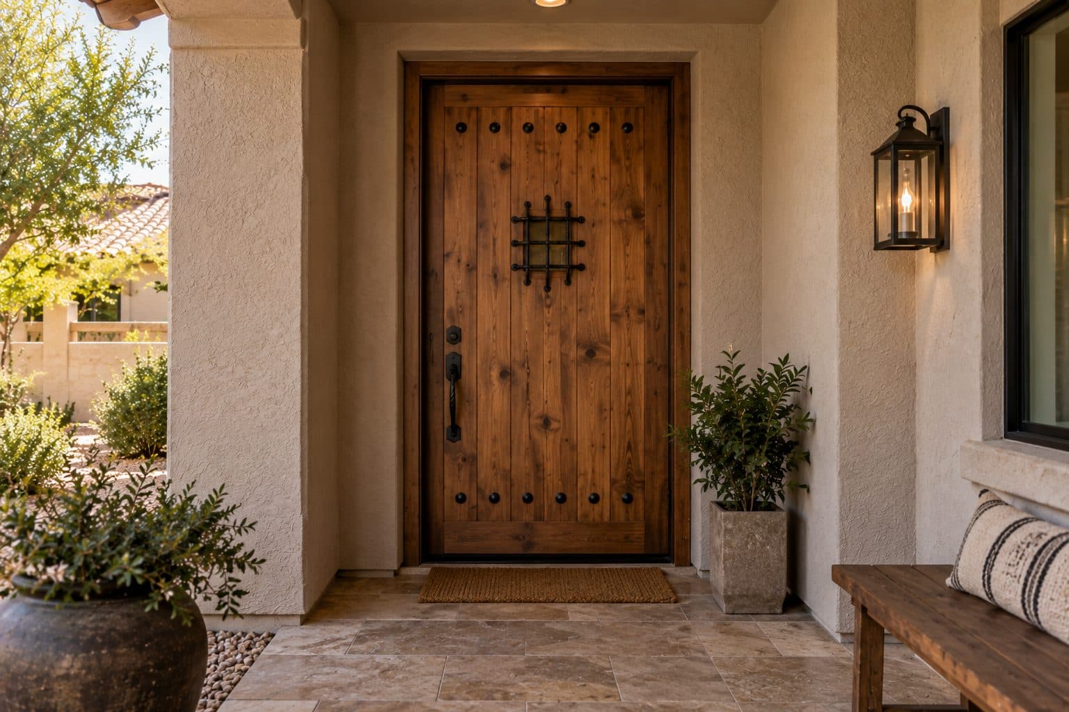 Knotty alder wood front door under a shaded covered porch