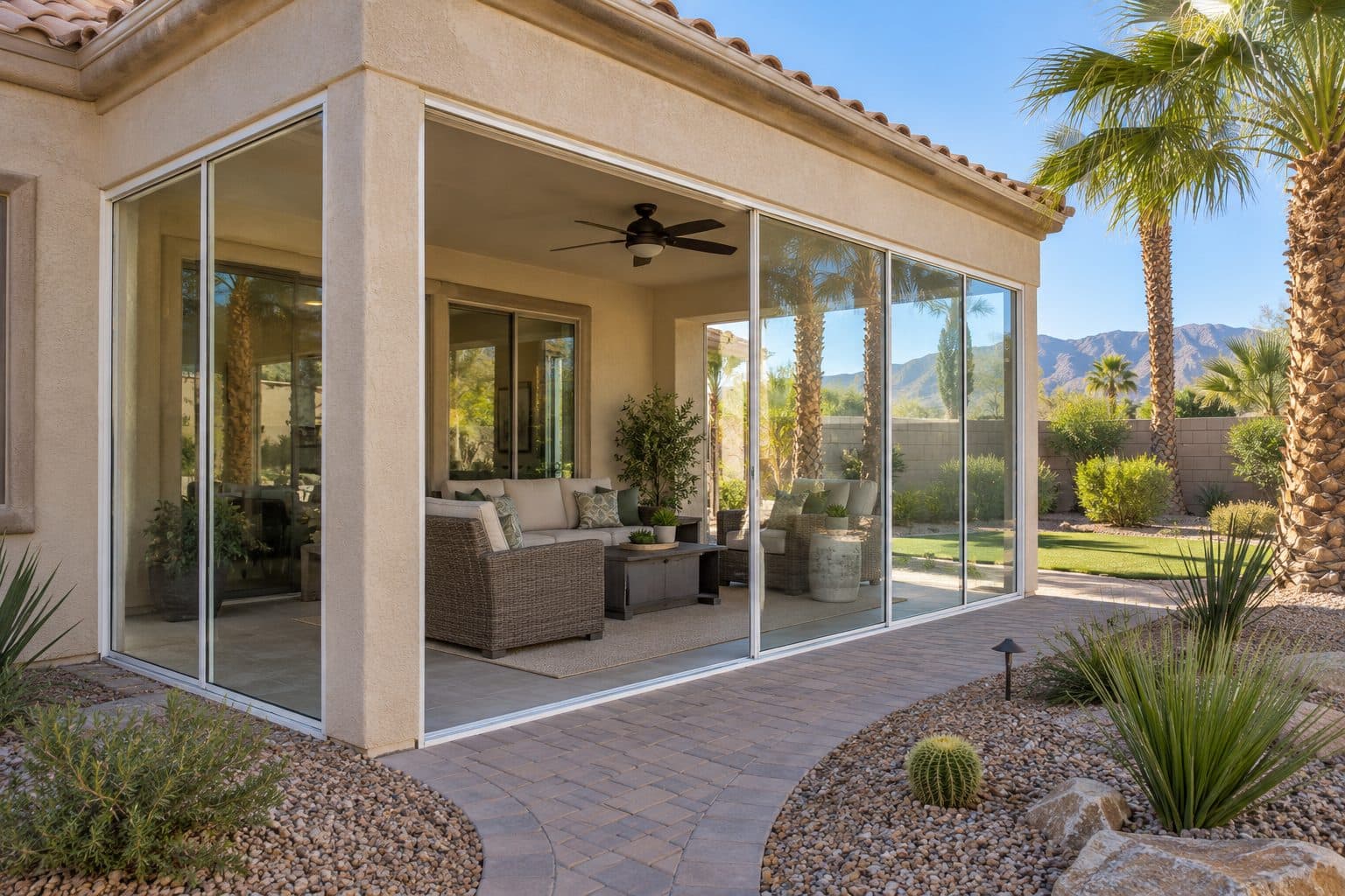 Covered patio enclosed with glass panels and wicker seating