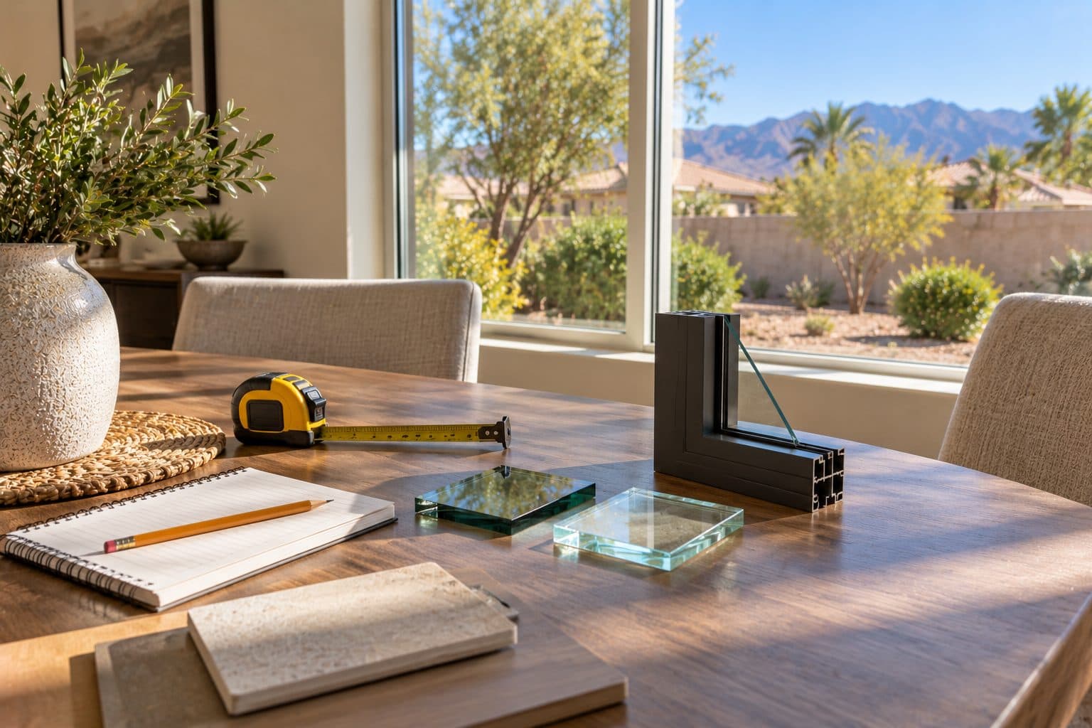 Tape measure, notepad and frame samples on a table by a window, for our process in Las Vegas