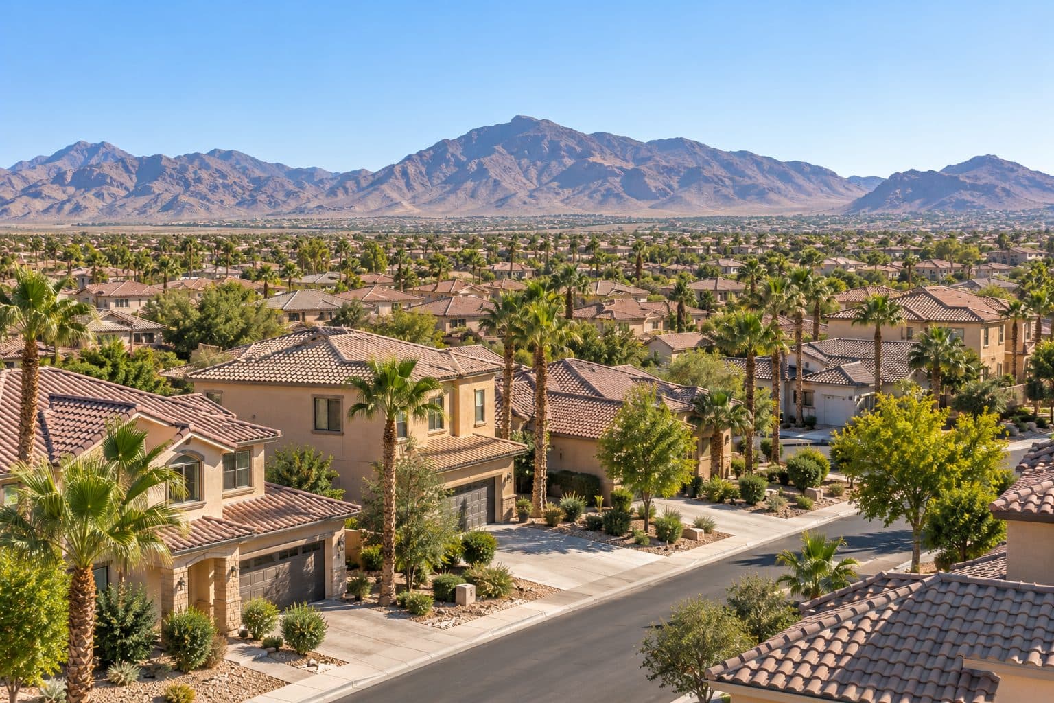 Tile-roofed stucco neighborhood stretching toward desert mountains, for service areas in Las Vegas