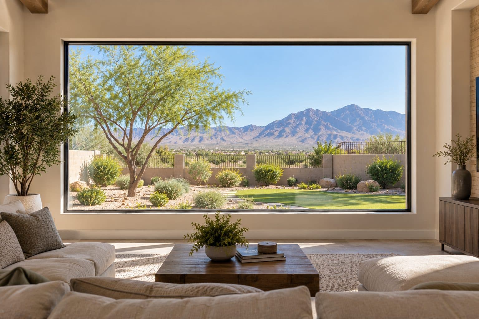 Large fixed picture window framing a desert backyard view
