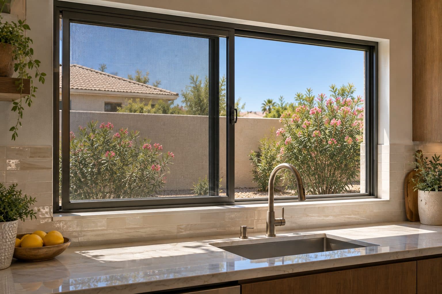 Horizontal sliding window open sideways above a kitchen counter